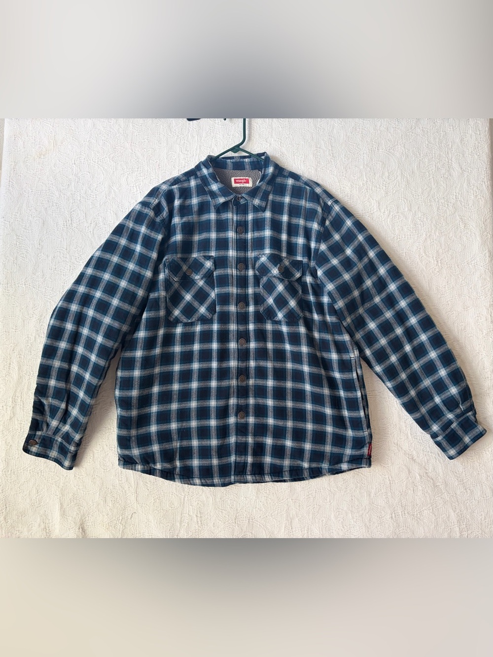 Wrangler Flannel Jacket Mens L Blue Plaid Fleece Lined Rugged Outdoor Warm
